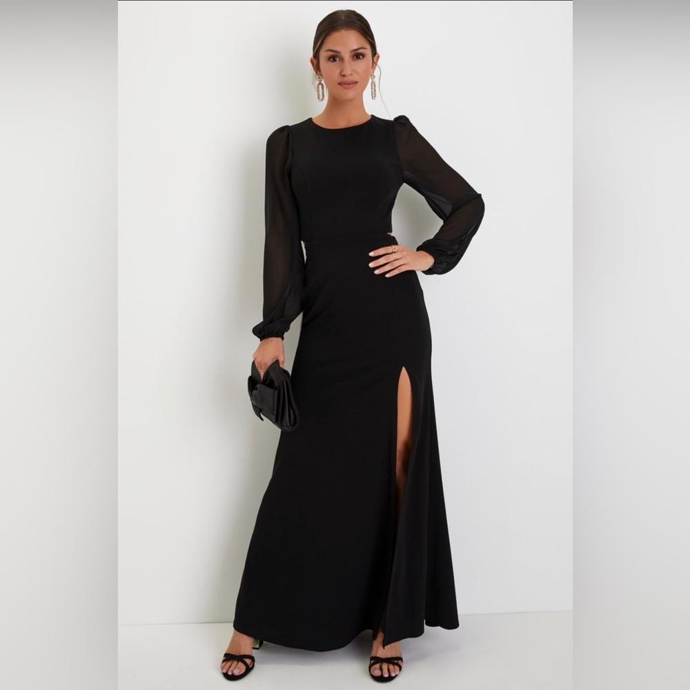 Lulu's Garden Bliss Black Cutout Long Sheer Sleeve Mermaid Slit Maxi Dress M